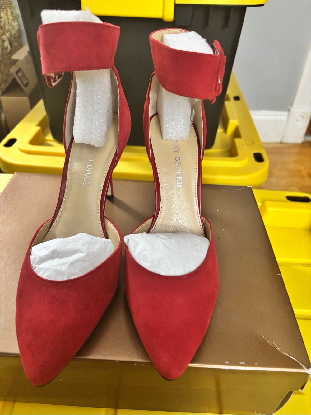 Audrey Brooke Abhylda Ankle Strap Pump in red suede. Size 8.5M. Like new in box